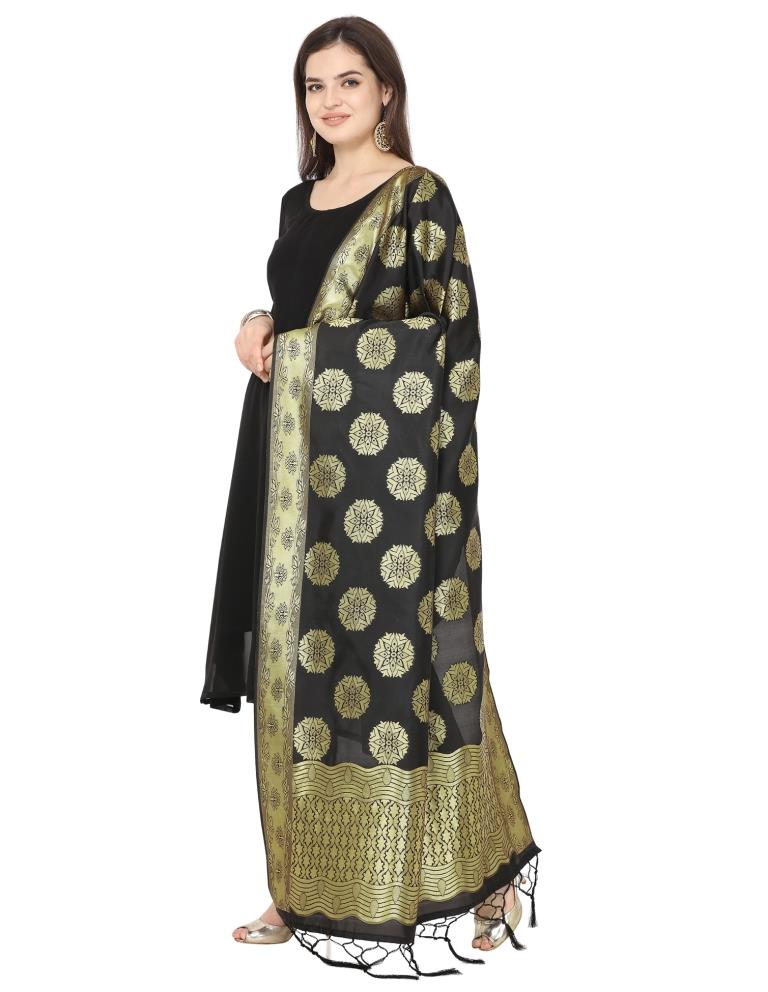 Flamboyant Black Coloured Poly Silk Jacquard Banarasi Dupatta | Sudathi