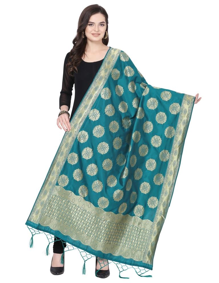 Idyiic Turquoise Coloured Poly Silk Jacquard Banarasi Dupatta | Sudathi