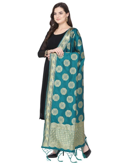 Idyiic Turquoise Coloured Poly Silk Jacquard Banarasi Dupatta | Sudathi