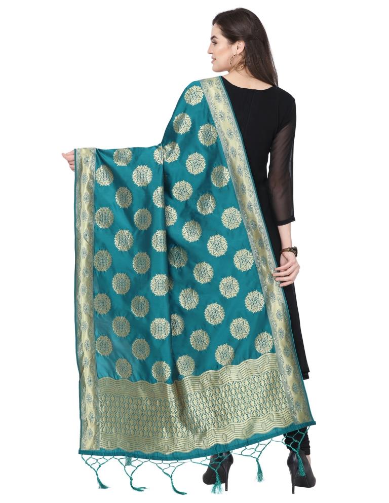 Idyiic Turquoise Coloured Poly Silk Jacquard Banarasi Dupatta | Sudathi