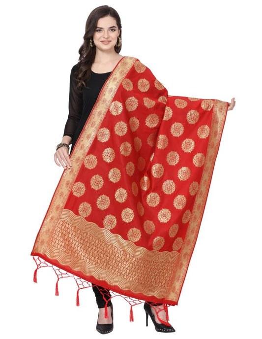 Sleek Red Coloured Poly Silk Jacquard Banarasi Dupatta | Sudathi