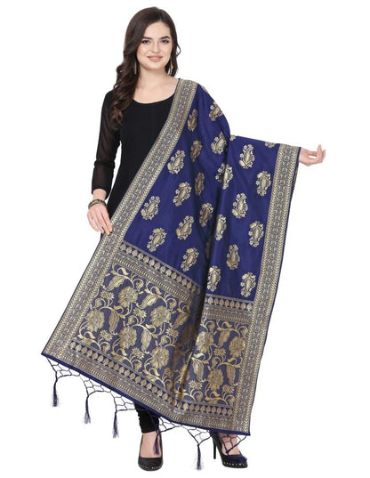 Gleaming Navy Blue Coloured Poly Silk Jacquard Banarasi Dupatta | Sudathi