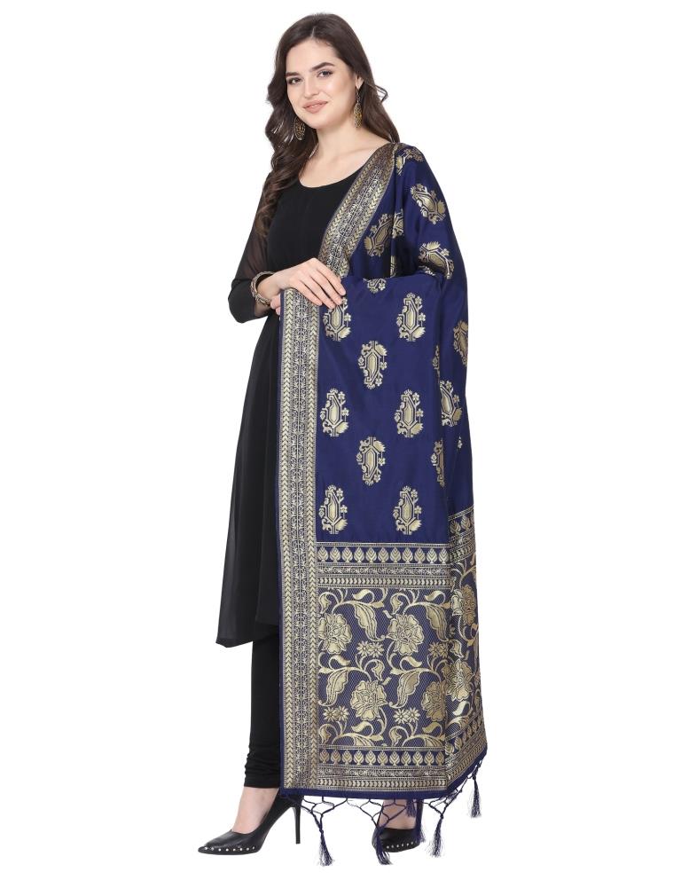 Gleaming Navy Blue Coloured Poly Silk Jacquard Banarasi Dupatta | Sudathi