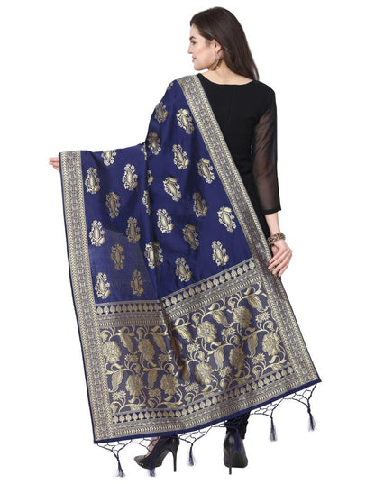 Gleaming Navy Blue Coloured Poly Silk Jacquard Banarasi Dupatta | Sudathi
