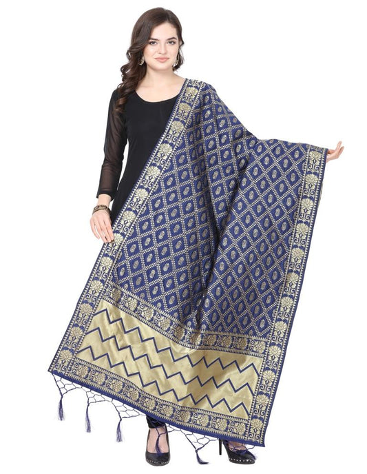Glorious Navy Blue Coloured Poly Silk Jacquard Banarasi Dupatta | Sudathi