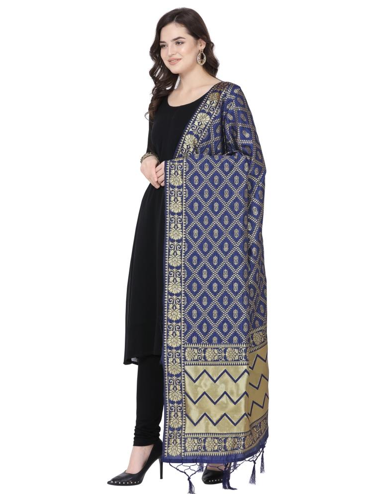 Glorious Navy Blue Coloured Poly Silk Jacquard Banarasi Dupatta | Sudathi