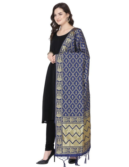 Glorious Navy Blue Coloured Poly Silk Jacquard Banarasi Dupatta | Sudathi