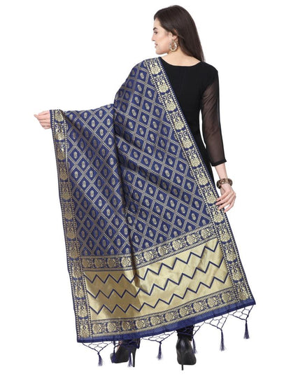 Glorious Navy Blue Coloured Poly Silk Jacquard Banarasi Dupatta | Sudathi