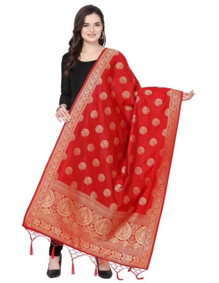 Fab Red Coloured Poly Silk Jacquard Banarasi Dupatta | Sudathi