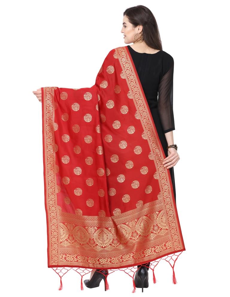 Fab Red Coloured Poly Silk Jacquard Banarasi Dupatta | Sudathi