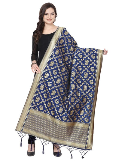 Stylish Navy Blue Coloured Poly Silk Jacquard Banarasi Dupatta | Sudathi
