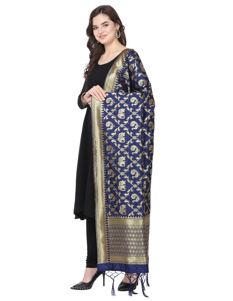 Stylish Navy Blue Coloured Poly Silk Jacquard Banarasi Dupatta | Sudathi