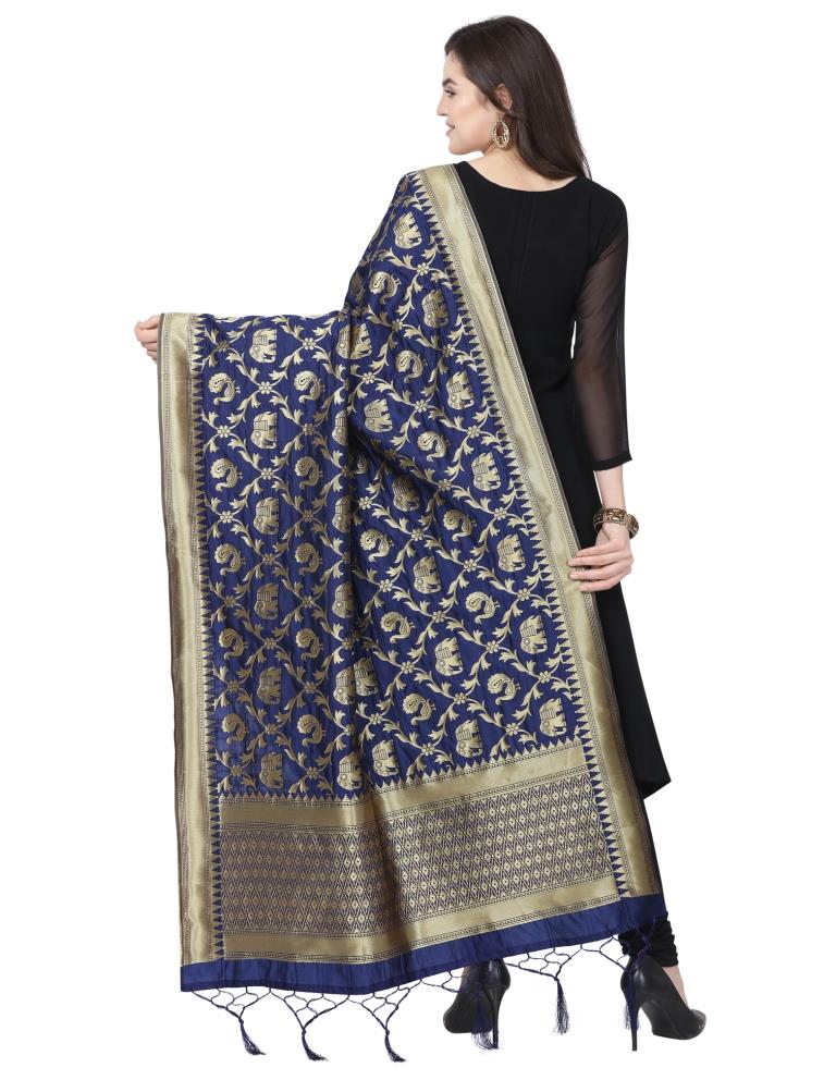 Stylish Navy Blue Coloured Poly Silk Jacquard Banarasi Dupatta | Sudathi