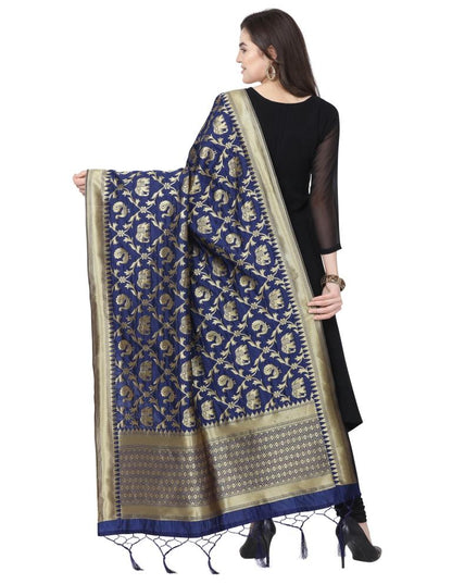 Stylish Navy Blue Coloured Poly Silk Jacquard Banarasi Dupatta | Sudathi
