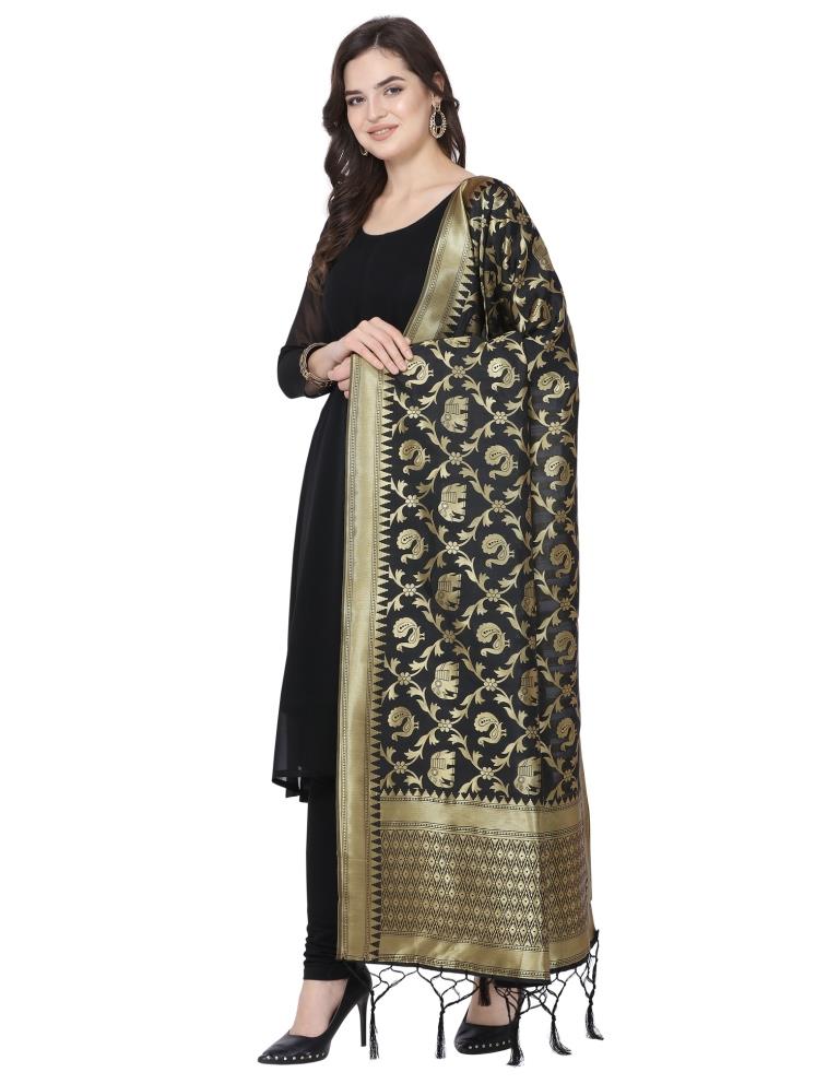 Peppy Black Coloured Poly Silk Jacquard Banarasi Dupatta | Sudathi