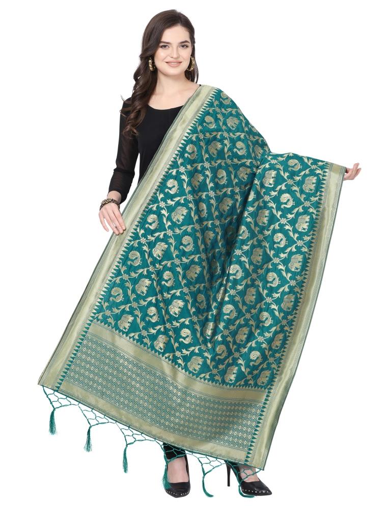 Bewitching Turquoise Coloured Poly Silk Jacquard Banarasi Dupatta | Sudathi