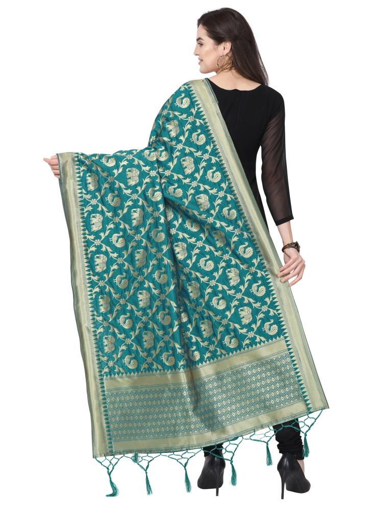 Bewitching Turquoise Coloured Poly Silk Jacquard Banarasi Dupatta | Sudathi