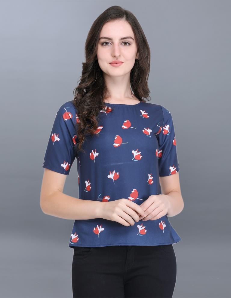 Designer Navy Blue Coloured Printed Crepe Tops | Sudathi