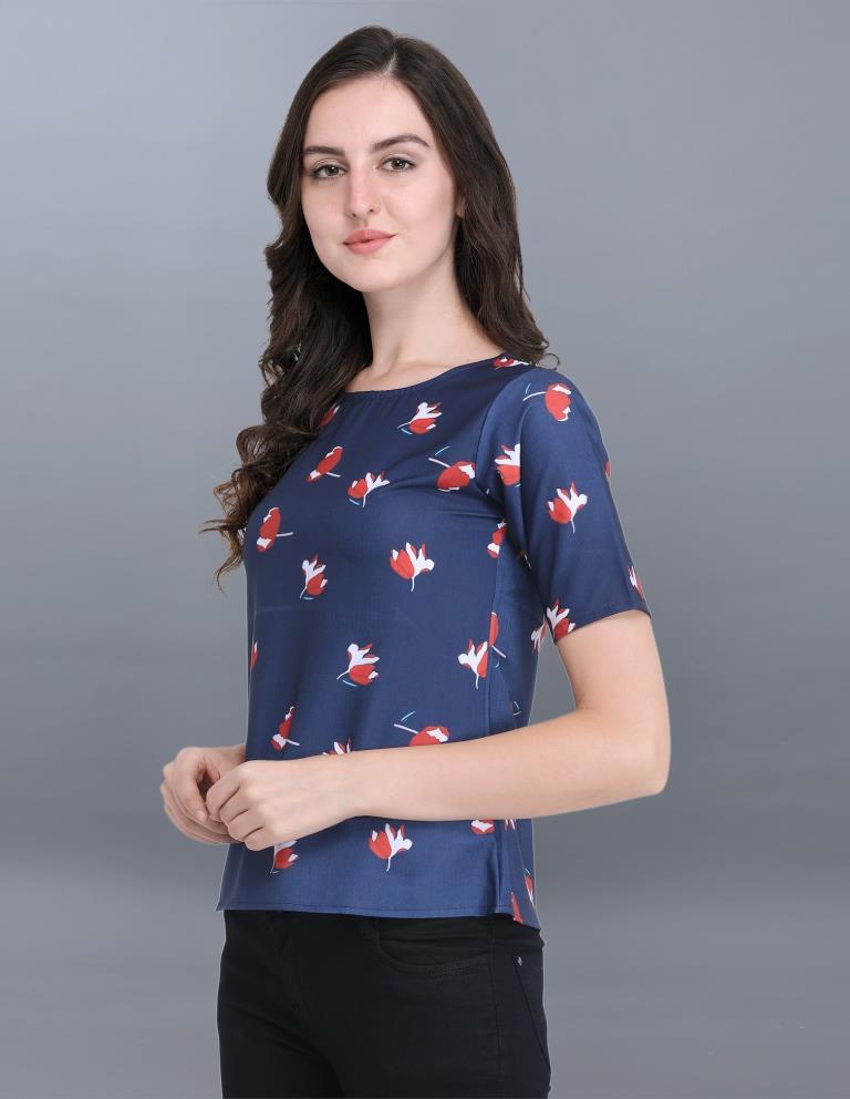 Designer Navy Blue Coloured Printed Crepe Tops | Sudathi