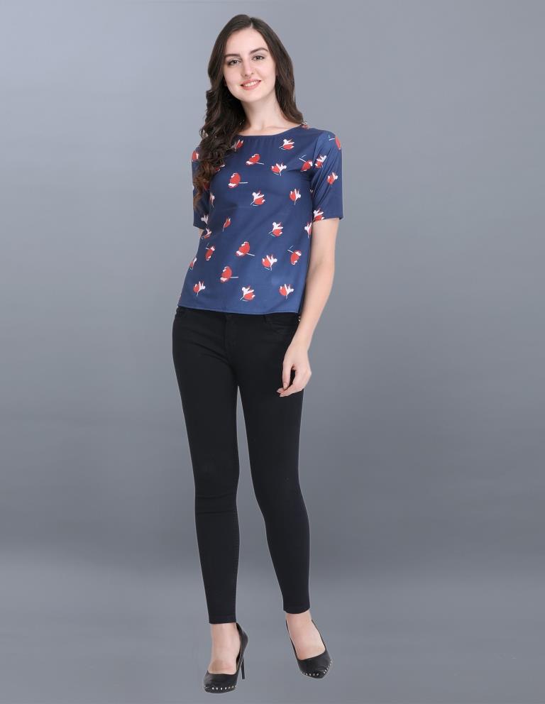 Designer Navy Blue Coloured Printed Crepe Tops | Sudathi