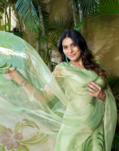 Pastel Green Organza Kurta With Pant And Dupatta