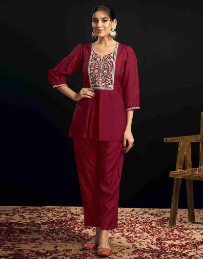 Maroon Silk Embroidery Co-ords Set