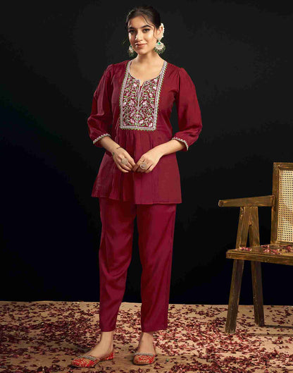 Maroon Silk Embroidery Co-ords Set