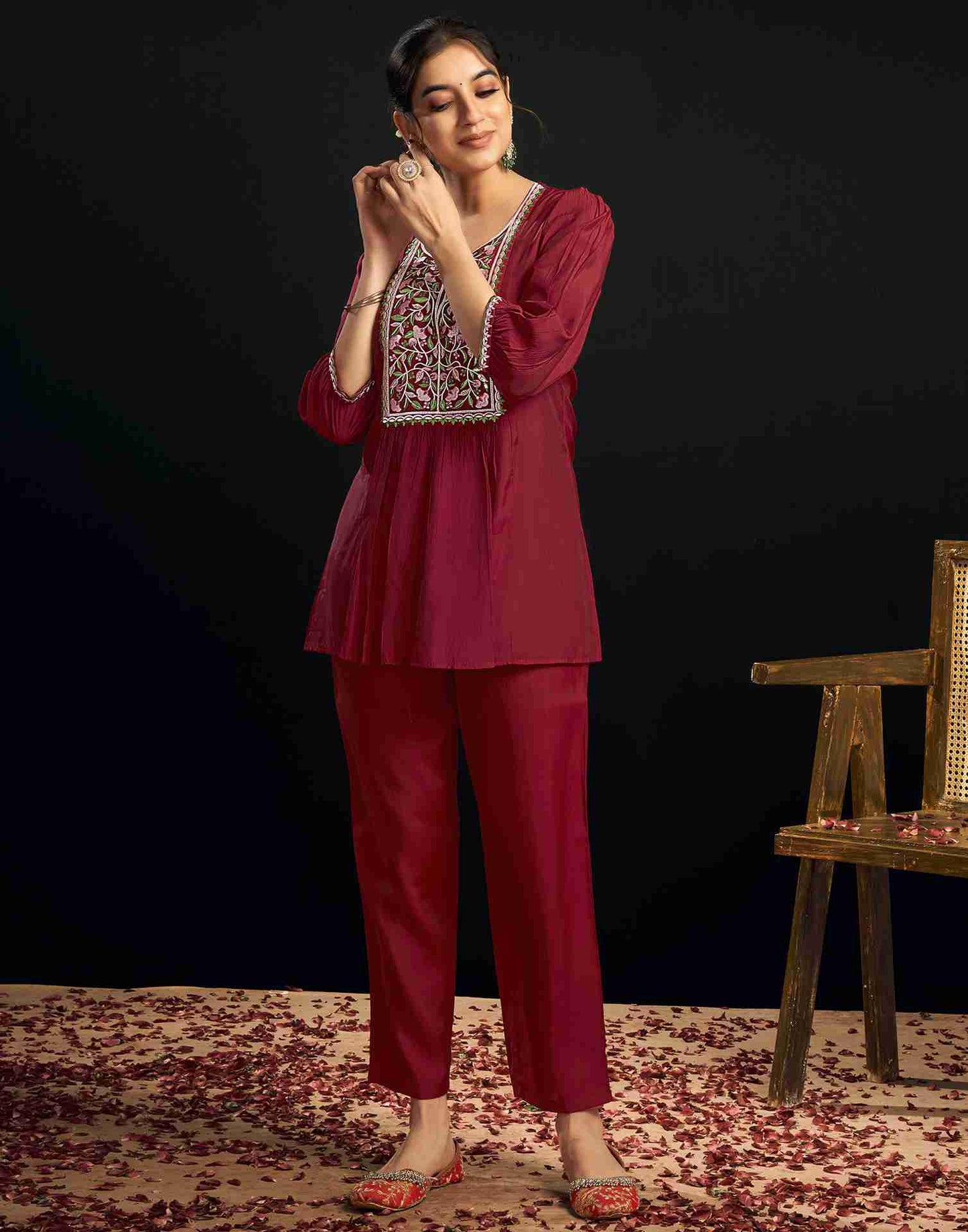 Maroon Silk Embroidery Co-ords Set