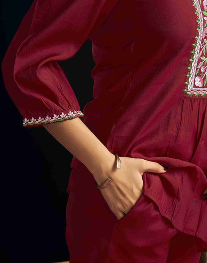 Maroon Silk Embroidery Co-ords Set