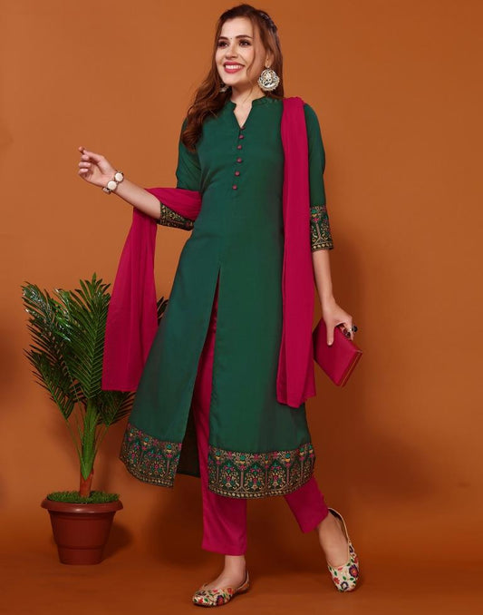 Bottal Green Printed A-Line Kurta Kurti With Pant And Dupatta | Sudathi