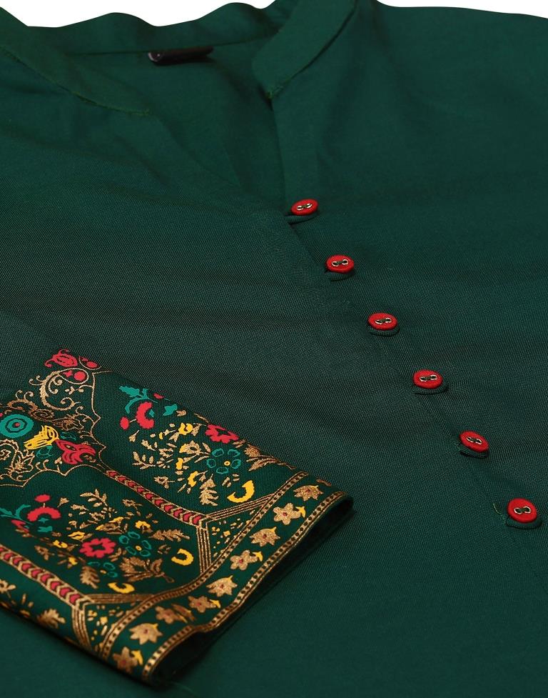 Bottal Green Printed A-Line Kurta Kurti With Pant And Dupatta | Sudathi