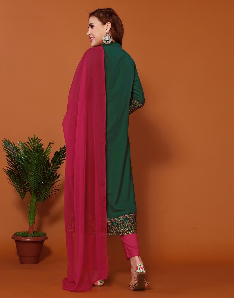 Bottal Green Printed A-Line Kurta Kurti With Pant And Dupatta | Sudathi