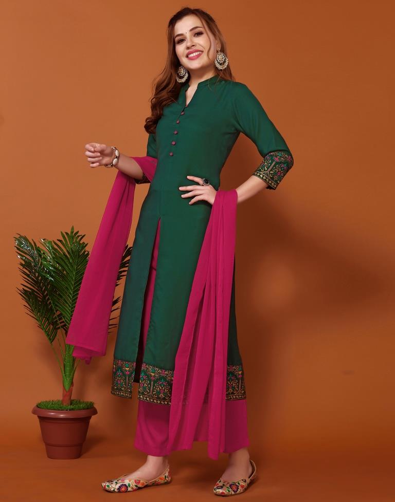 Bottal Green Printed A-Line Kurta Kurti With Pant And Dupatta | Sudathi