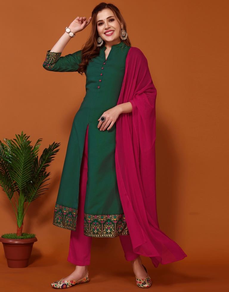 Bottal Green Printed A-Line Kurta Kurti With Pant And Dupatta | Sudathi