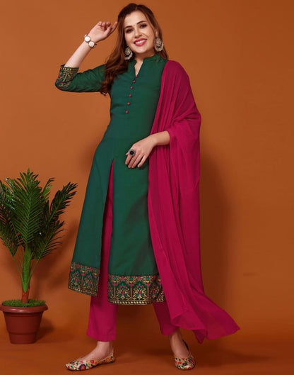 Bottal Green Printed A-Line Kurta Kurti With Pant And Dupatta | Sudathi
