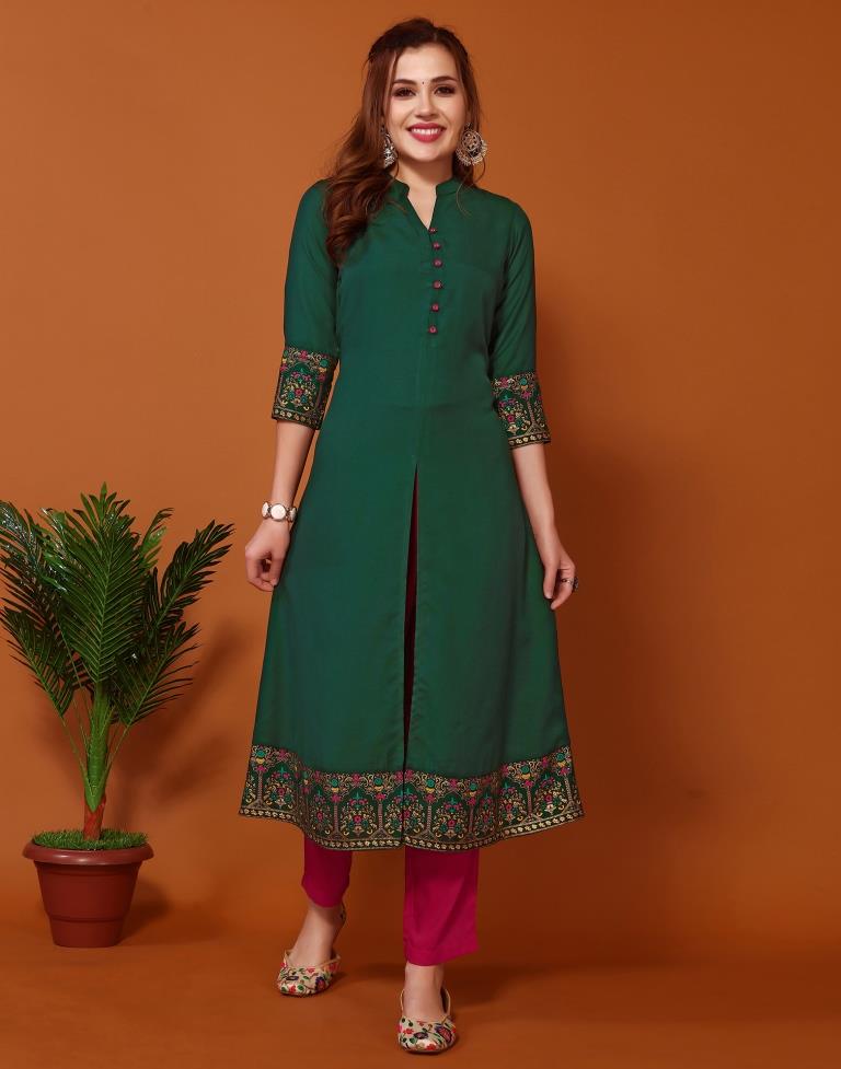 Bottal Green Printed A-Line Kurta Kurti With Pant And Dupatta | Sudathi
