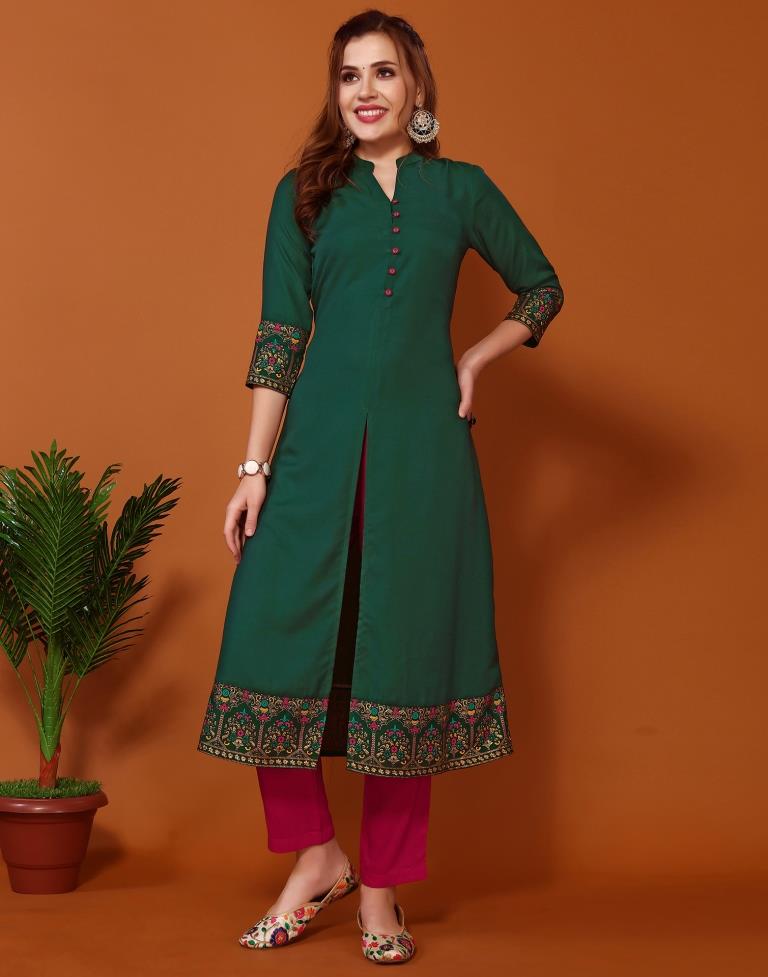 Bottal Green Printed A-Line Kurta Kurti With Pant And Dupatta | Sudathi