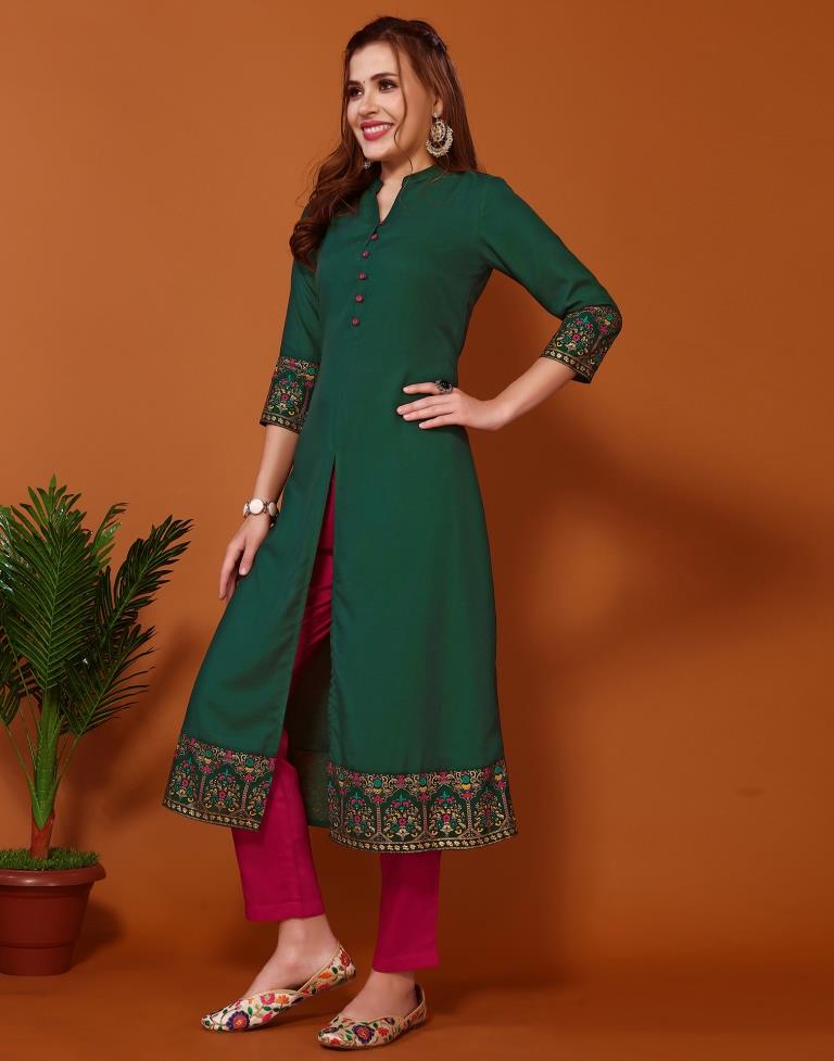 Bottal Green Printed A-Line Kurta Kurti With Pant And Dupatta | Sudathi