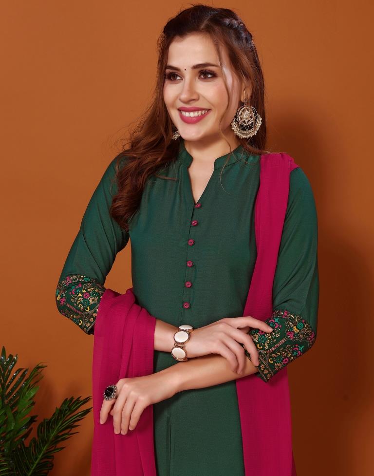 Bottal Green Printed A-Line Kurta Kurti With Pant And Dupatta | Sudathi