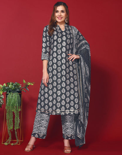 Dark Blue Cotton Printed Straight Kurti With Pant And Dupatta | Leemboodi