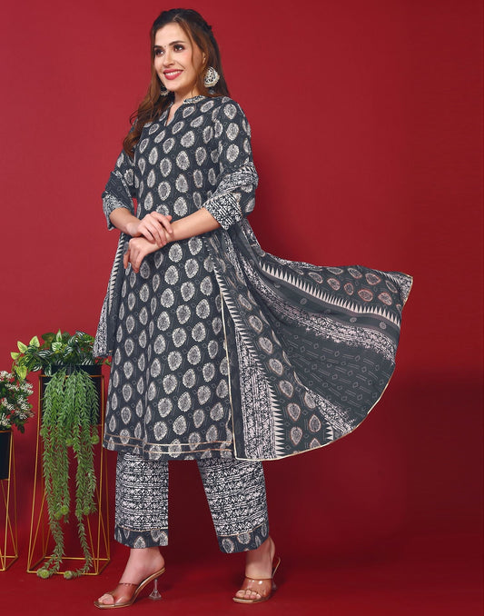 Dark Blue Cotton Printed Straight Kurti With Pant And Dupatta | Leemboodi