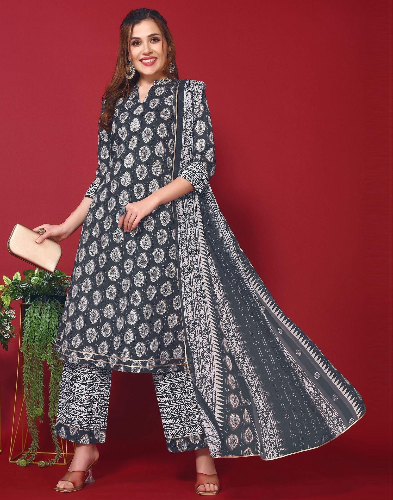 Dark Blue Cotton Printed Straight Kurti With Pant And Dupatta | Leemboodi