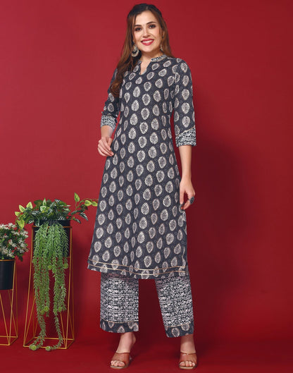 Dark Blue Cotton Printed Straight Kurti With Pant And Dupatta | Leemboodi