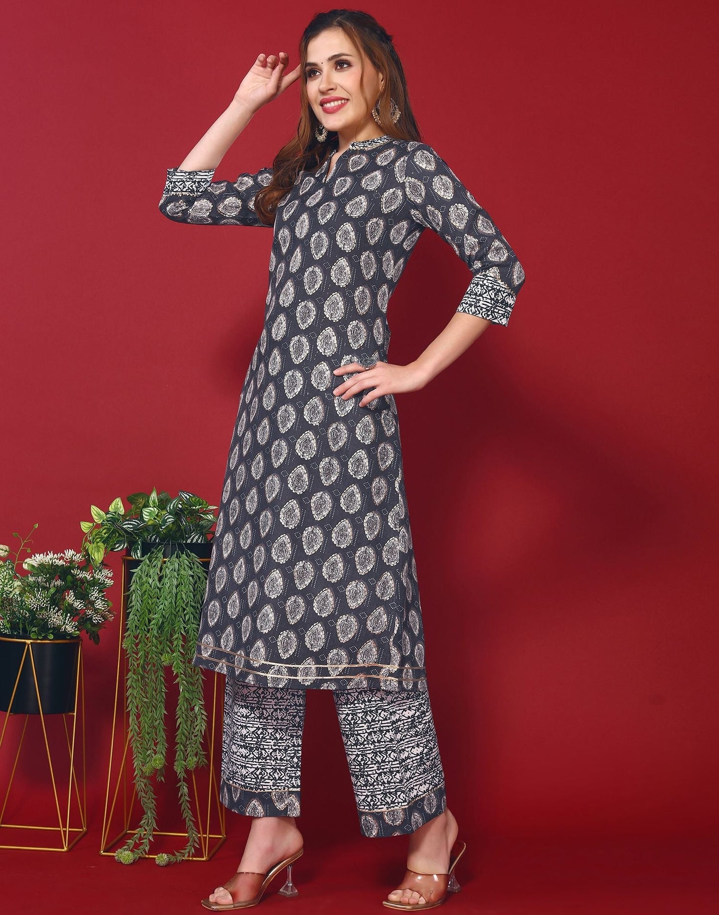 Dark Blue Cotton Printed Straight Kurti With Pant And Dupatta | Leemboodi