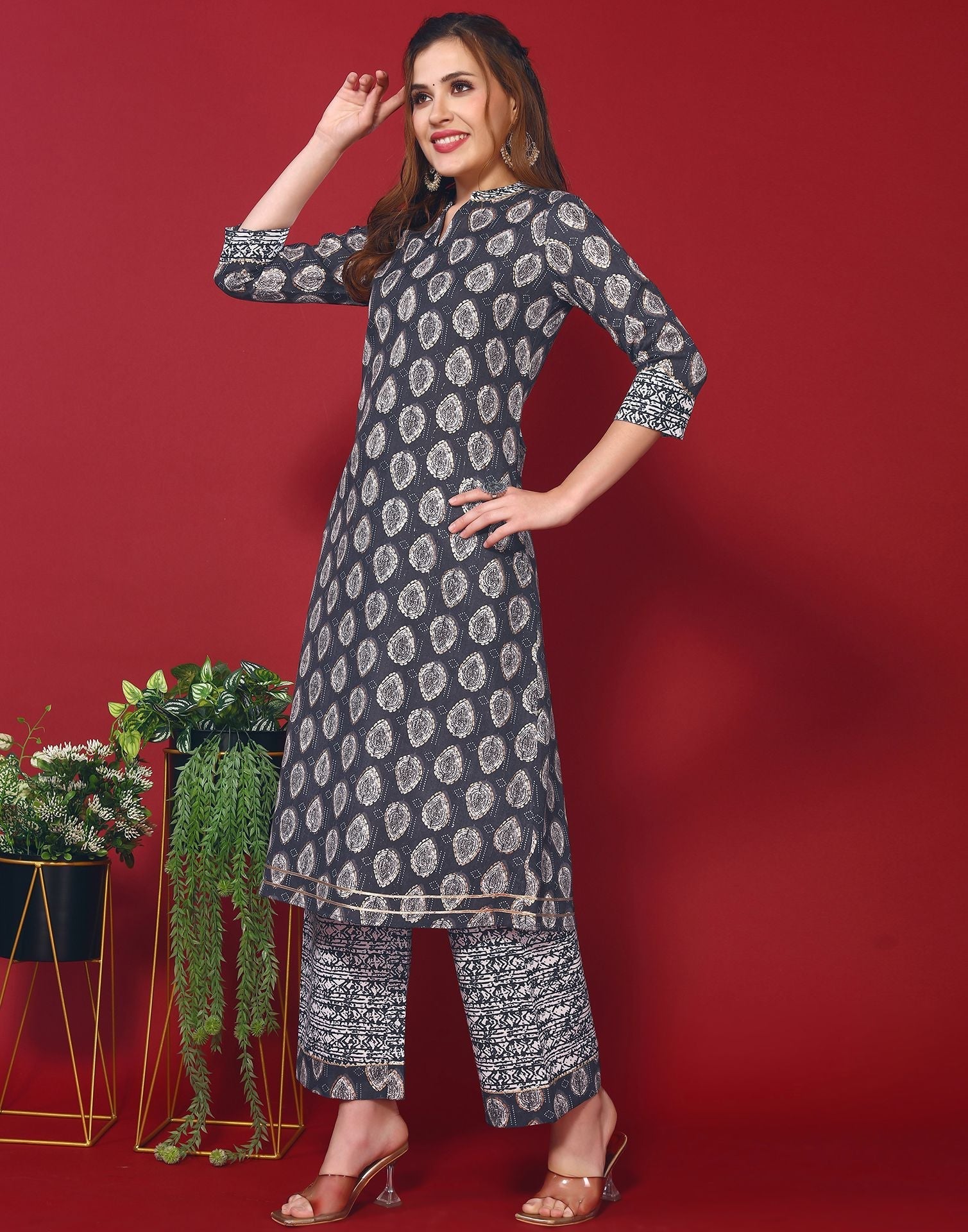 Dark Blue Cotton Printed Straight Kurti With Pant And Dupatta | Leemboodi