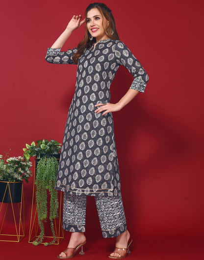 Dark Blue Cotton Printed Straight Kurti With Pant And Dupatta | Leemboodi