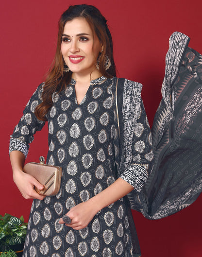 Dark Blue Cotton Printed Straight Kurti With Pant And Dupatta | Leemboodi