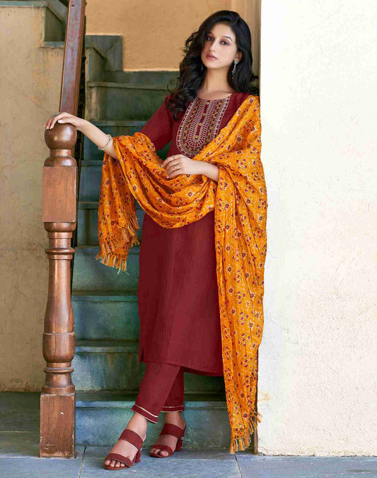 Maroon Plain Chinnon Straight Kurta With Pant And Dupatta