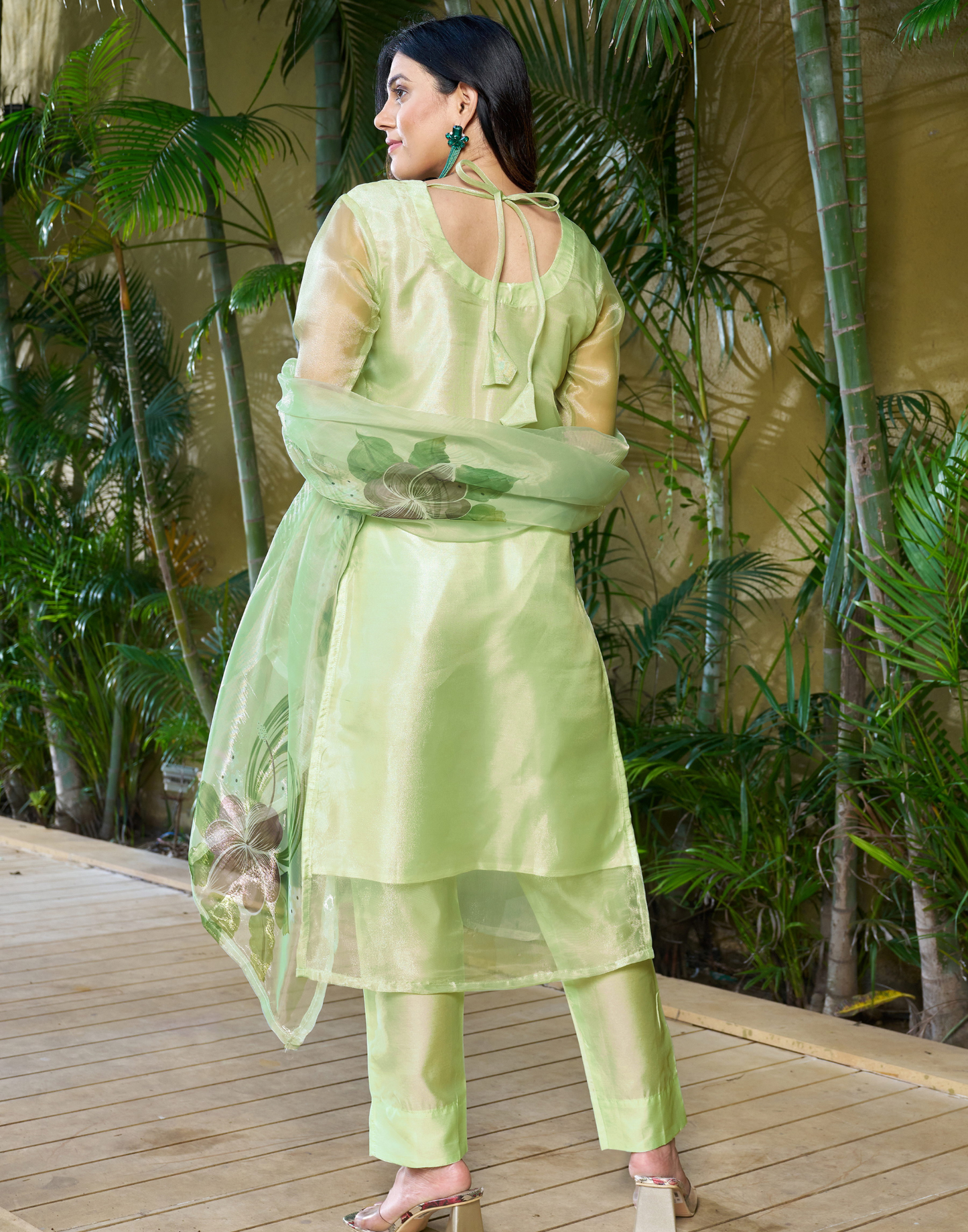 Pastel Green Organza Kurta With Pant And Dupatta