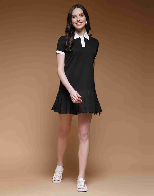 Black Viscose Plain A-Line Dress